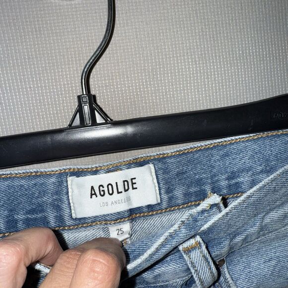 Agolde Denim Skirt 25 Blue Distressed Criss Cross Frayed Hem Organic Cotton - Picture 4 of 11